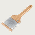 Load image into Gallery viewer, Pet slicker brush with bamboo handle, and gray pad with tightly spaced, thin, angled metal pins. Size M.