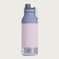 Load image into Gallery viewer, A pastel pink & gray insulated water bottle with a gray lid & drinking spout and a small, hollow, pastel pink, paw print shaped flip-up handle. The base is a small stainless steel bowl that screws into the bottle, with the outline of a dog bone with the word 'WATER' in its center. The steel bowl is flush with the sides of the water bottle - no part of it sticks out.