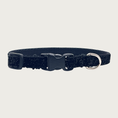 Load image into Gallery viewer, Skinny, black hued glitter teacup dog collar with a small silver D-ring, black nylon inner webbing and black plastic buckle. The fabric itself is shimmery & glittery - it is not glued on.