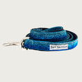 Load image into Gallery viewer, 3/4 in width, blue gradient (light blue to deep blue) hued glitter dog leash with black nylon inner webbing and silver metal clasp. The fabric itself is shimmery & glittery - it is not glued on.