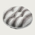 Load image into Gallery viewer, Round, plush pet bed made with faux fur in shades of gray and cream in a subtle striped pattern.