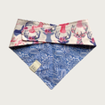 Load image into Gallery viewer, Reverse view of the dog bandana with delicate blue & white paisley pattern on top, and blue & pink pastel floral deer silhouette pattern.
