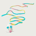 Load image into Gallery viewer, Wool mouse toy with its tail loosely curved & extended to show its length. The mouse's body is white with aqua blue inner ears, pink nose and black eyes, nose & whiskers. Tail is marbled shades of yellow, pink and aqua blue.