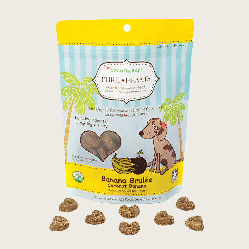 5 oz blue and yellow bag of CocoTherapy Pure Hearts Banana Brulee organic coconut dog treats. Made with coconut & coconut oil. Grain-free, gluten free. USDA organic, made in USA. Sample of treats in front of bag are brown, heart-shaped, and nickel sized.