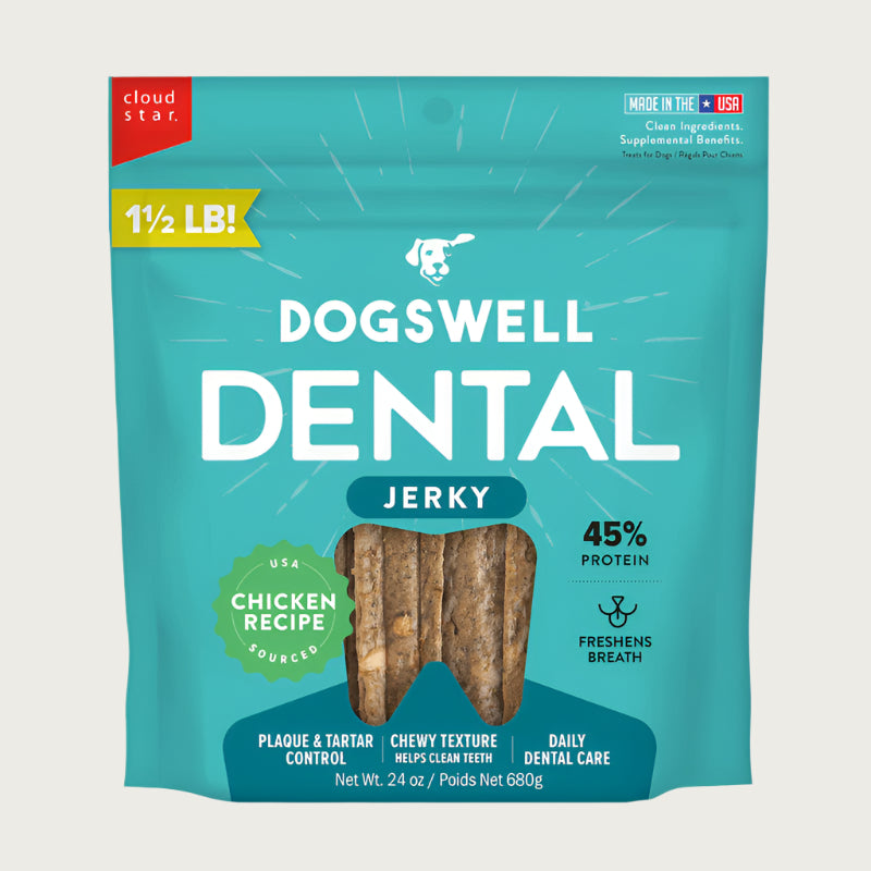 24 oz teal bag of Dogswell Dental Jerky Chicken Recipe treats for dogs. 45% protein, freshens breath. Plaque & tartar control, chewy texture helps clean teeth, daily dental care. USA sourced chicken. Clean ingredients, supplemental benefits.