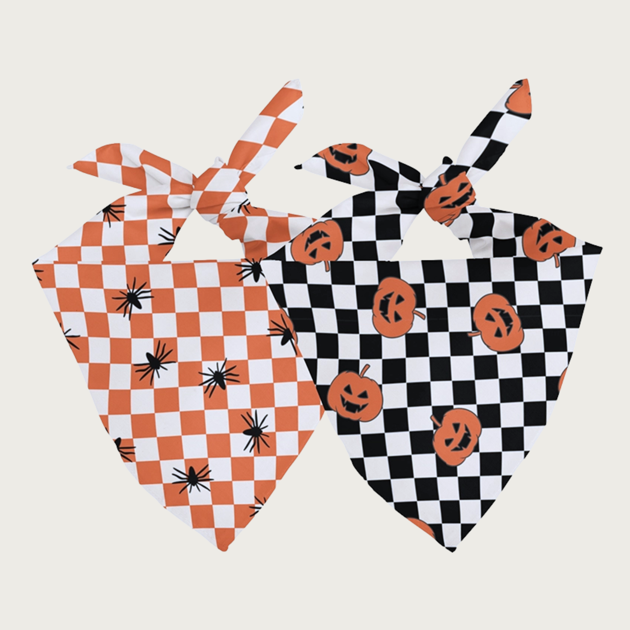 Two sides of the same dog bandana, shown side by side. One side has an orange and white checkered pattern with black spiders. The other side has a black and white checkered pattern with orange jack-o-lanterns.