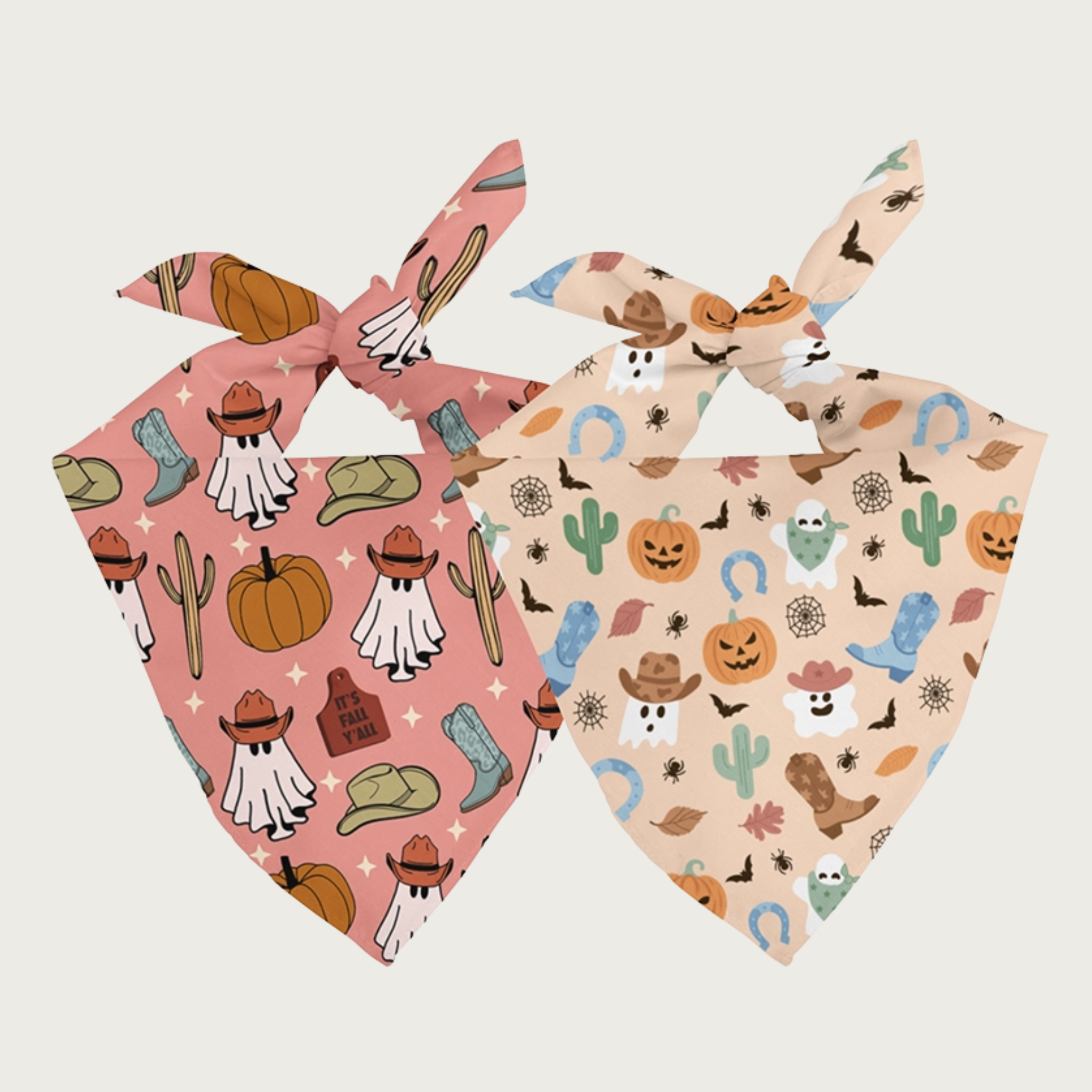 Two sides of the same dog bandana, shown side by side. Both feature a mix of cowboy-themed and Halloween inspired icons. The background color on the first side is a  light salmon pink, and the other side is beige.