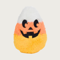 Load image into Gallery viewer, Halloween-themed plush candy corn dog toy. It has the 3 classic colors from bottom to top: yellow, orange, and white, and a traditional Jack 'o Lantern smiling facial expression embroidered in black.