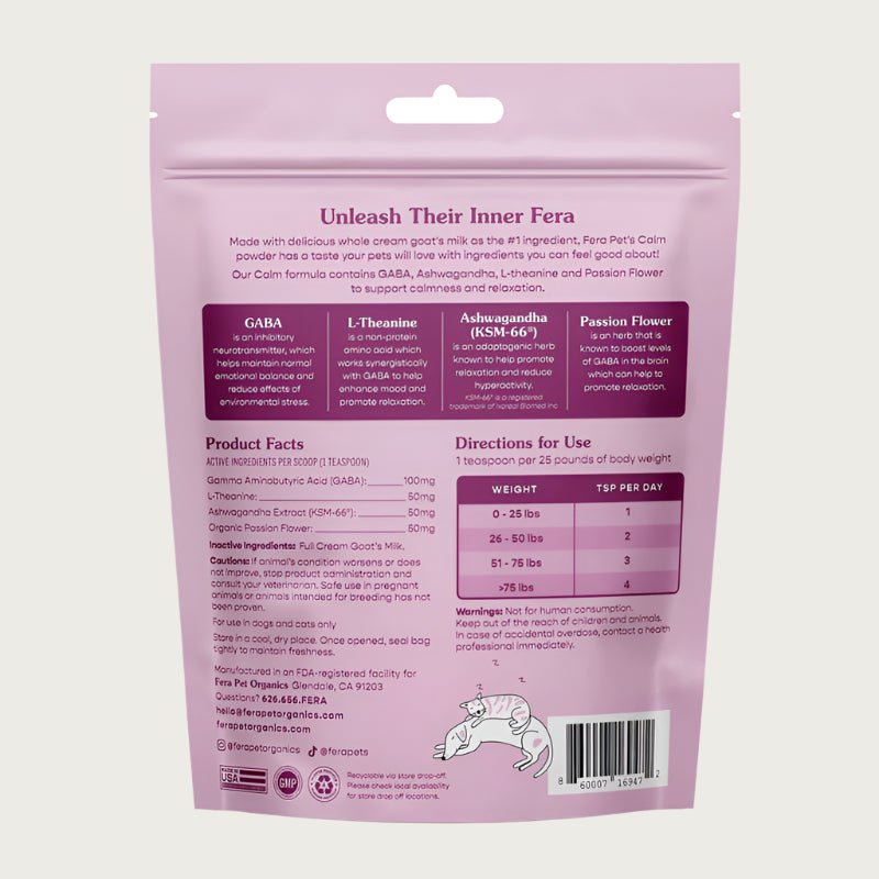 Back view of the bag of Fera Pets Calm powder. It provides additional information on product ingredients and directions for use.