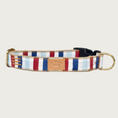 Load image into Gallery viewer, Dog collar with red, white, navy and light blue, wide vertical striped pattern. Brass D-ring and black plastic buckle.