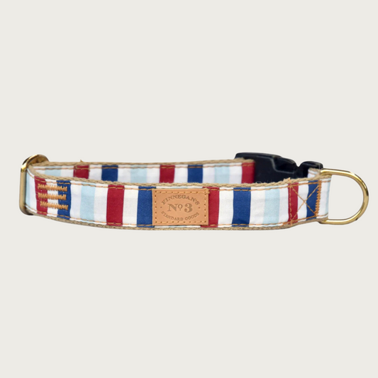 Dog collar with red, white, navy and light blue, wide vertical striped pattern. Brass D-ring and black plastic buckle.