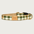 Load image into Gallery viewer, Olive green and cream gingham checkered dog collar with a black plastic buckle and brass D-ring.