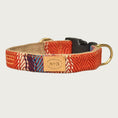 Load image into Gallery viewer, Dog collar with a southwestern, serape style pattern in orange, blue, and cream hues. Black plastic buckle and brass D-ring.