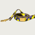 Load image into Gallery viewer, Dog leash with unusual argyle-checkered pattern in deep purple, black, and yellow-green.