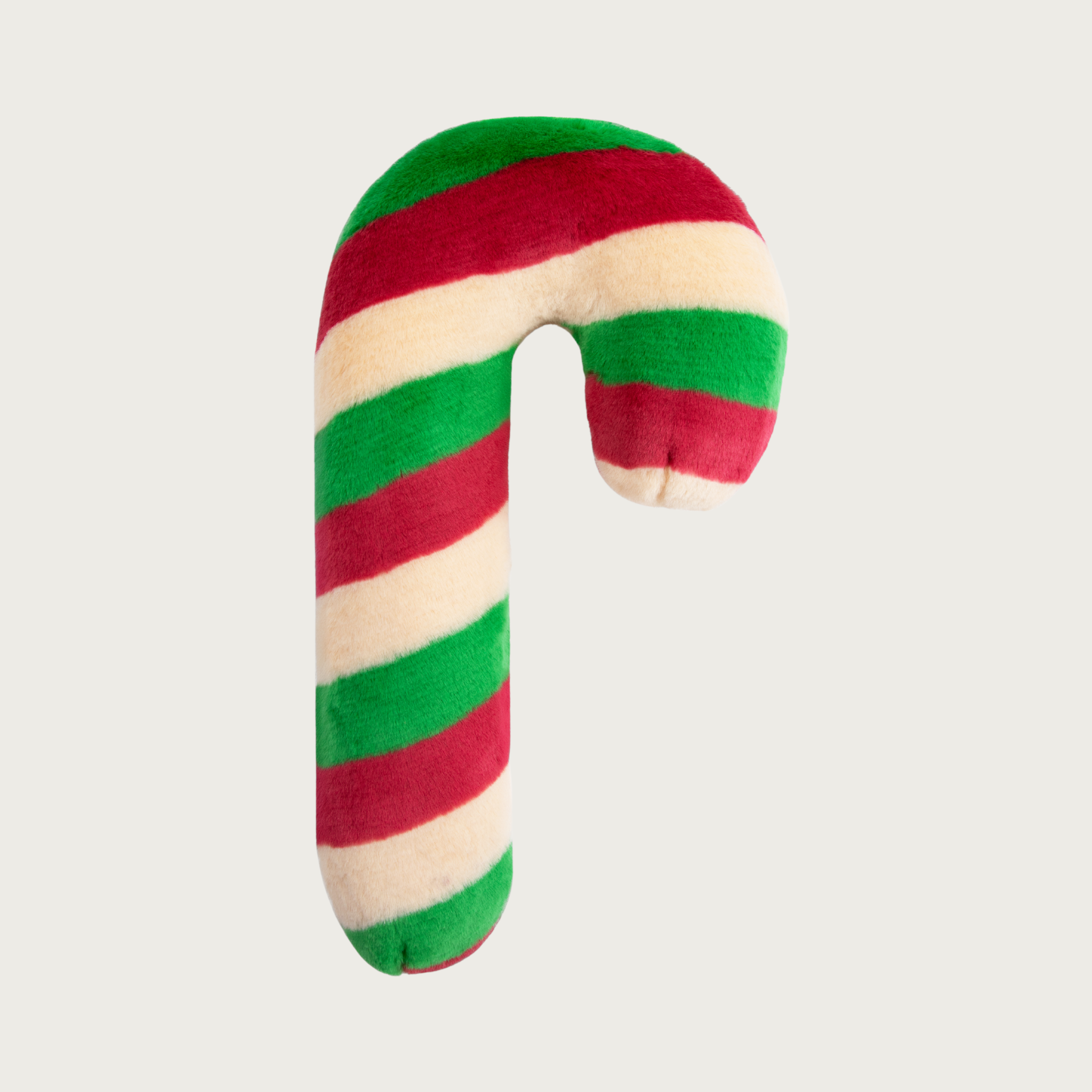 Plush candy cane shaped dog toy with red, green and beige stripes.