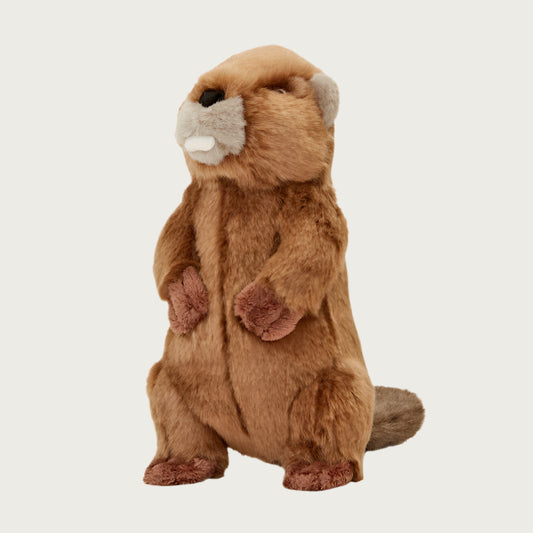 Plush Troy Beaver dog toy from Fluff & Tuff. Toy is all brown, with a darker flat tail, tan ears and muzzle, with white "buck tooth", black nose, and black & yellow eyes.