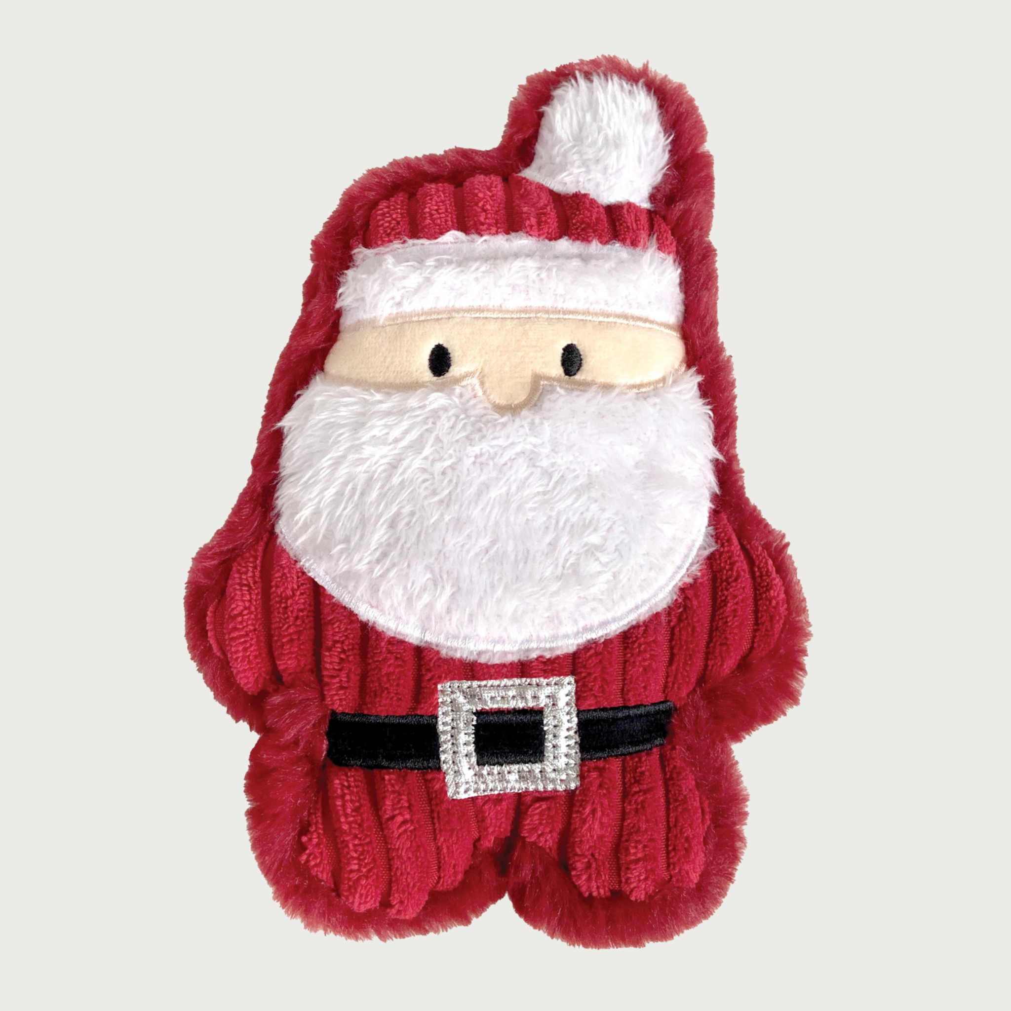 Plush dog toy shaped like a small Santa standing up, with a red corduroy body trimmed in red plush, with white plush beard, and white plush trim on its hat. Black embroidered eyes.