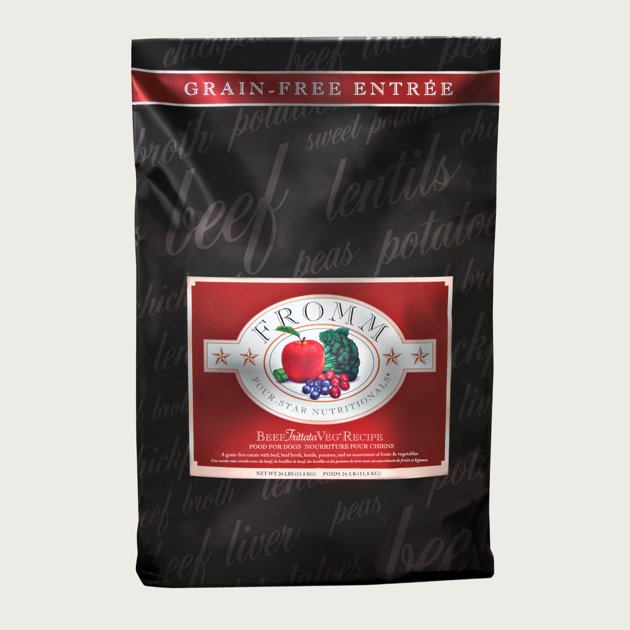A 26 pound black and red bag of Fromm Beef Frittata Veg Recipe dog food. The banner on top of the bag reads "Grain-Free Entree".