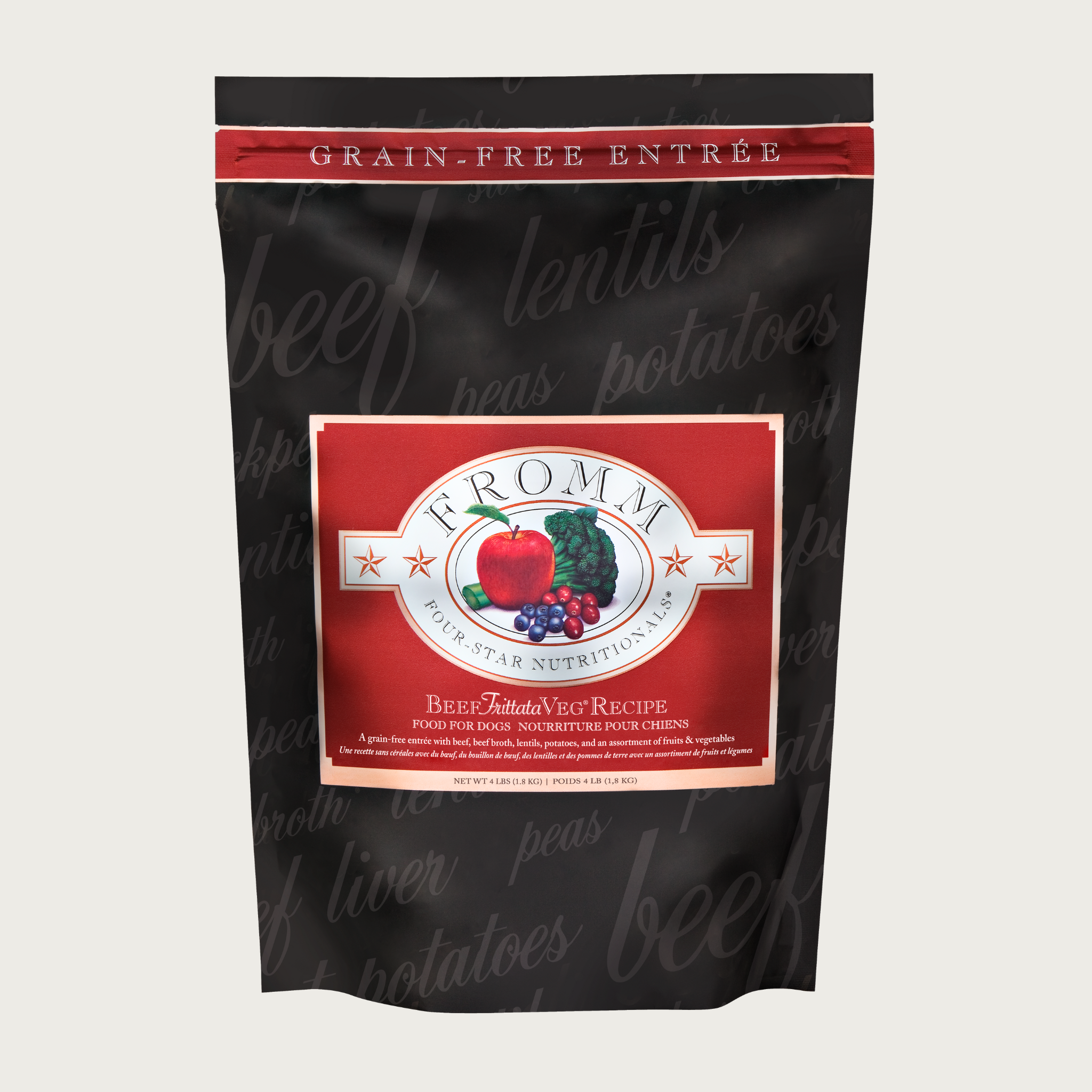 A 4 pound black and red bag of Fromm Beef Frittata Veg Recipe dog food. The banner on top of the bag reads "Grain-Free Entree".