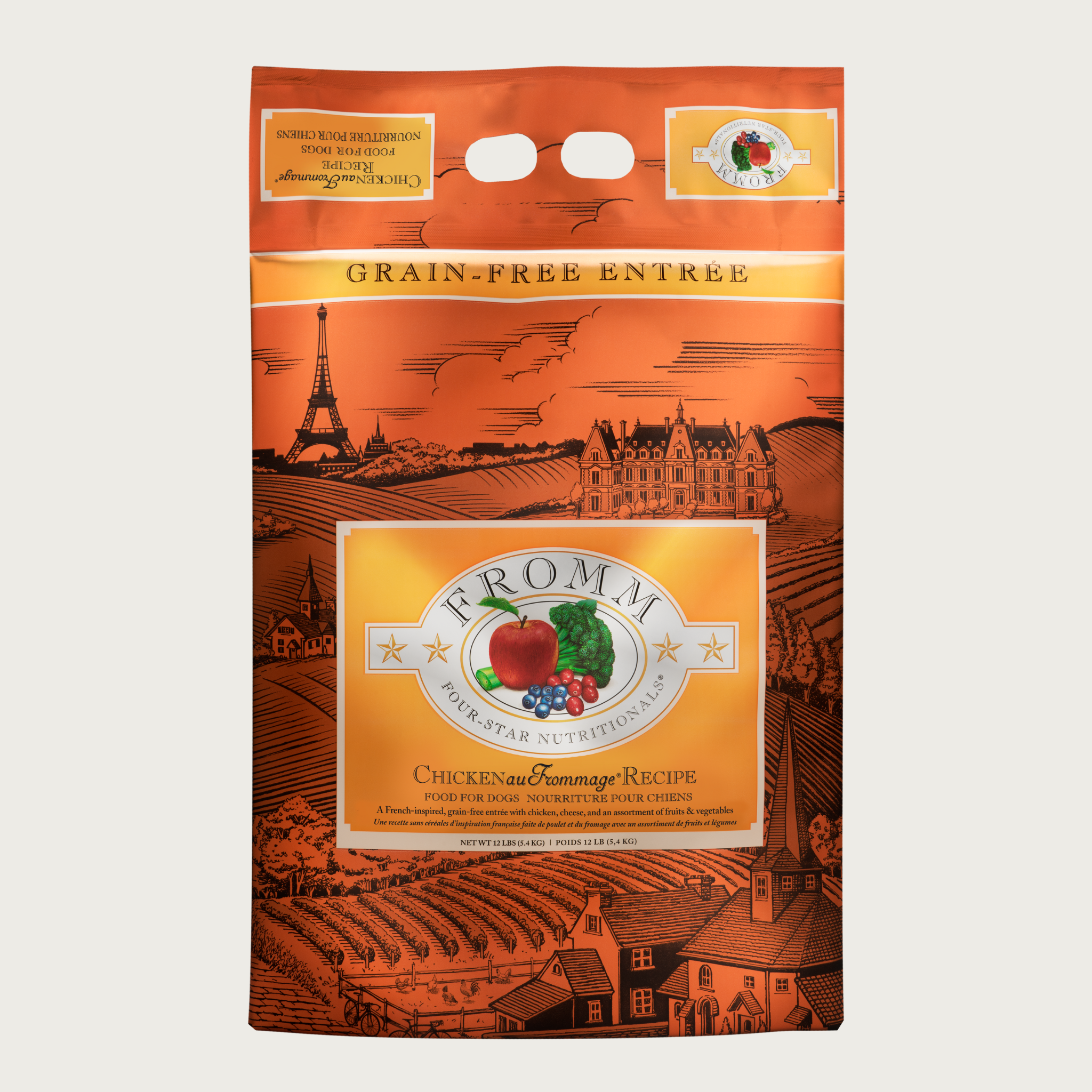 A 12 pound orange and black bag of Fromm Chicken au Frommage Recipe dog food. The banner on top of the bag reads "Grain-Free Entree".