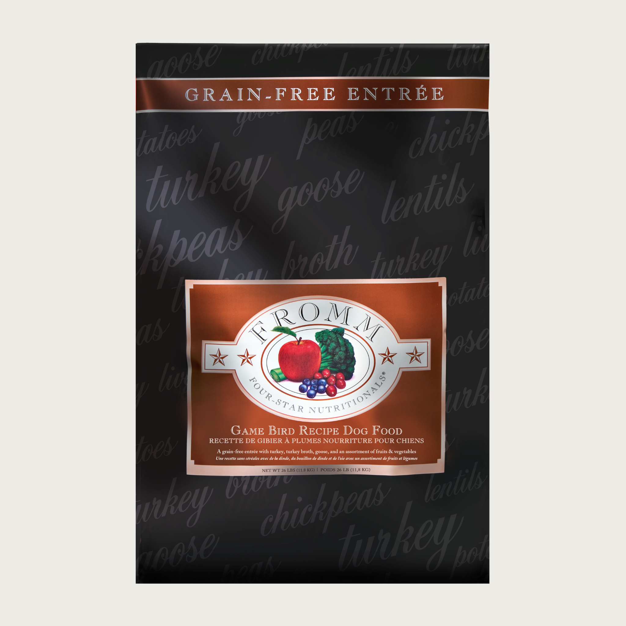 A 26 pound black and brown bag of Fromm Game Bird Recipe dog food. The banner on top of the bag reads "Grain-Free Entree".
