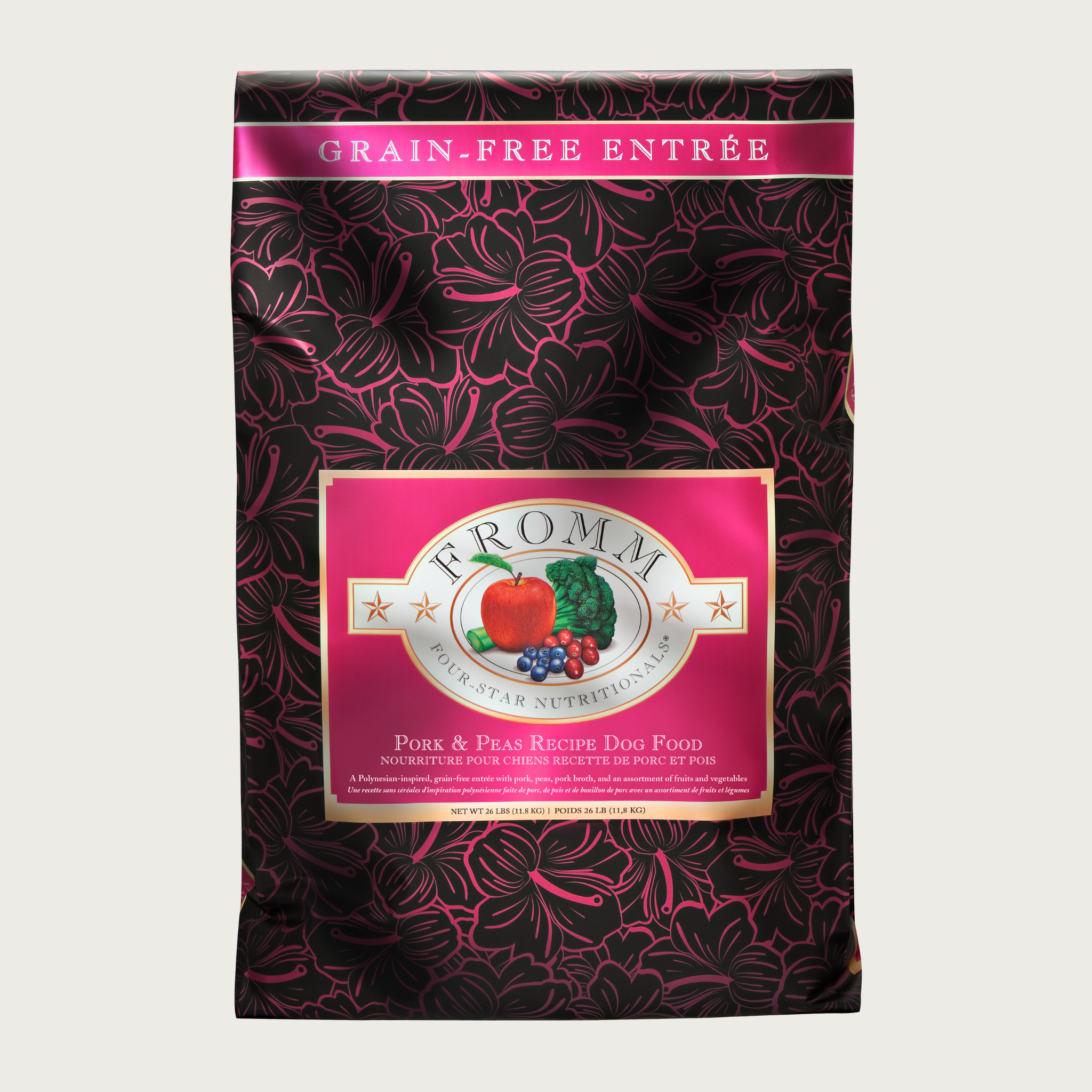 A 26 pound black and fuchsia bag of Fromm Pork & Peas Recipe dog food. The banner on top of the bag reads "Grain-Free Entree".