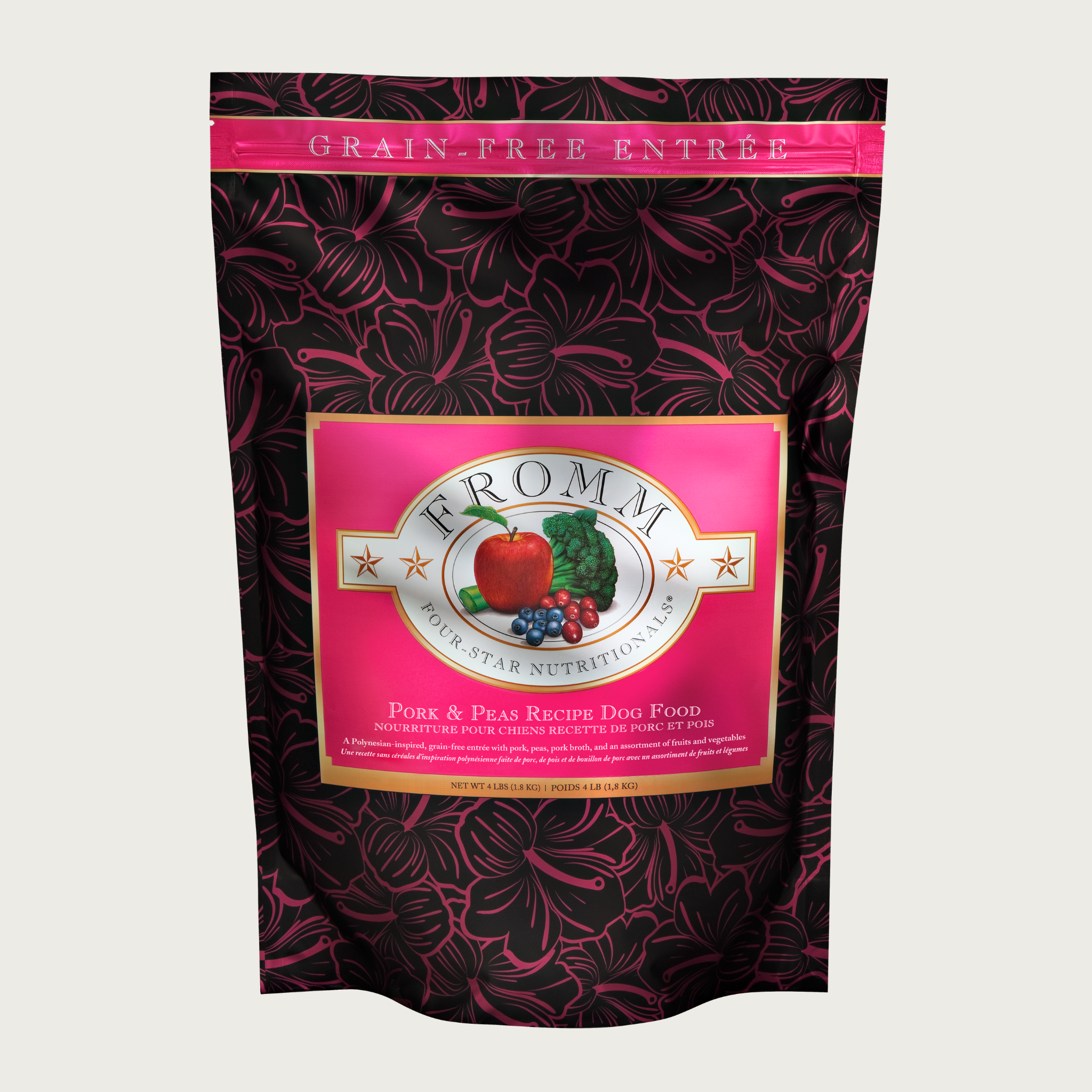 A 4 pound black and fuchsia bag of Fromm Pork & Peas Recipe dog food. The banner on top of the bag reads "Grain-Free Entree".