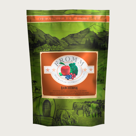 A 4 pound olive green and brown bag of Fromm Rancherosa Recipe dog food. The banner on top of the bag reads "Grain-Free Entree".