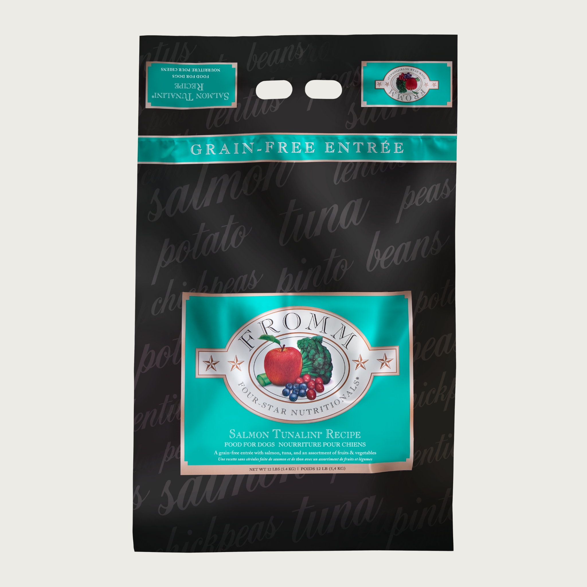 A 12 pound black and teal bag of Fromm Salmon Tunalini Recipe dog food. The banner on top of the bag reads "Grain-Free Entree".