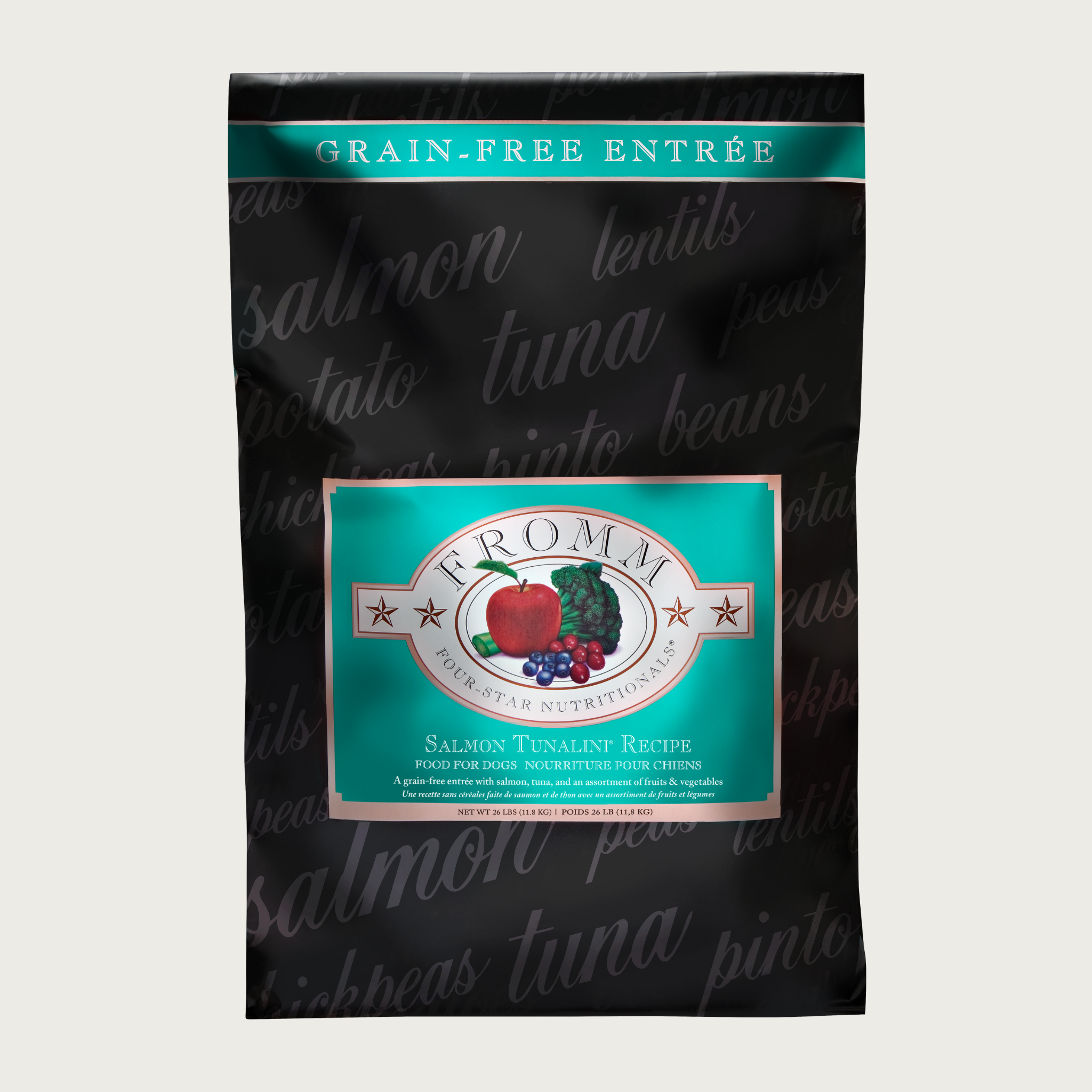 A 26 pound black and teal bag of Fromm Salmon Tunalini Recipe dog food. The banner on top of the bag reads "Grain-Free Entree".