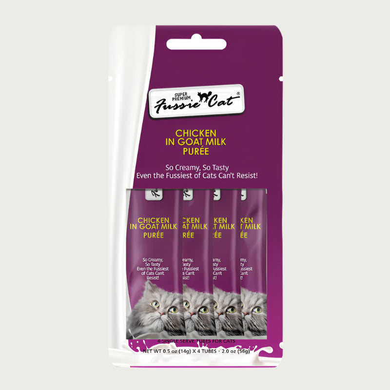Purple and white 2 oz package, containing 4 - 0.5 oz tubes of Fussie Cat Chicken in Goat Milk Puree.