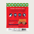 Load image into Gallery viewer, Rear view of the GivePet Muttcracker dog treat bag. It is red with green, gold & white argyle border on top. Details of their shelter donation program are listed, along with ingredients and guaranteed analysis. There is a photo of 2 of the brown, heart shaped treats.