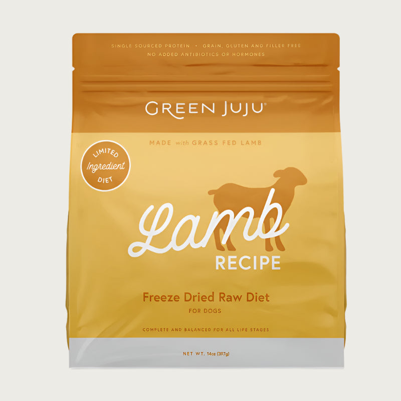 Green Juju Lamb Recipe Freeze-Dried Raw Dog Food in 14 ounce bag.