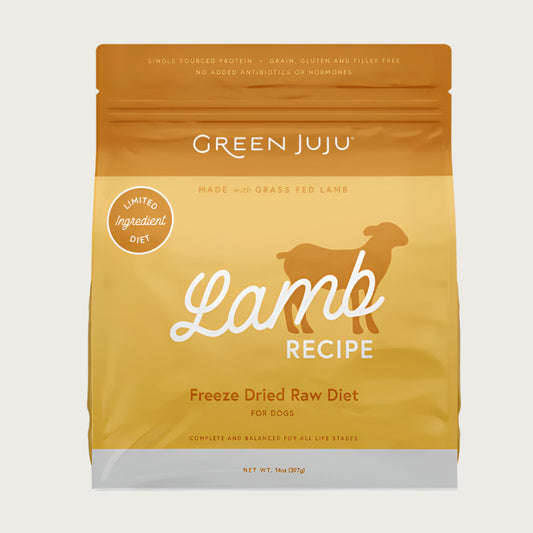 Green Juju Lamb Recipe Freeze-Dried Raw Dog Food in 14 ounce bag.