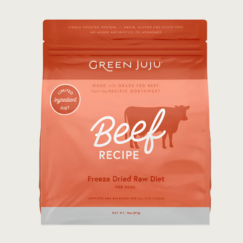 Green Juju Beef Recipe Freeze-Dried Raw Dog Food in 14 ounce bag.