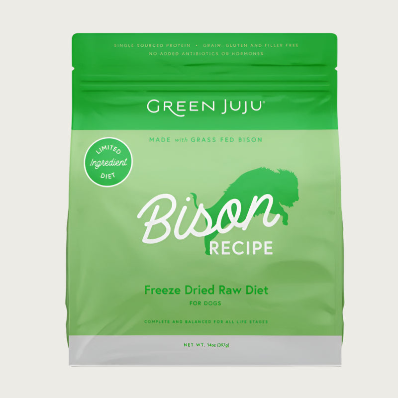 Green Juju Bison Recipe Freeze-Dried Raw Dog Food in 14 ounce bag.