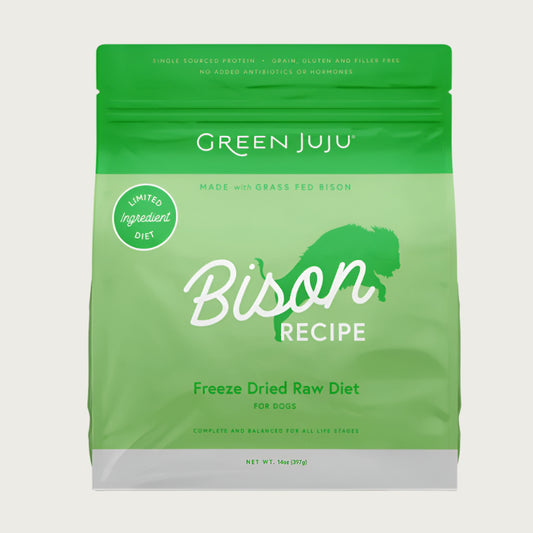 Green Juju Bison Recipe Freeze-Dried Raw Dog Food in 14 ounce bag.