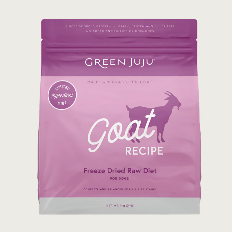 Green Juju Goat Recipe Freeze-Dried Raw Dog Food in 14 ounce bag.