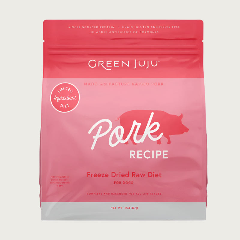 Green Juju Pork Recipe Freeze-Dried Raw Dog Food in 14 ounce bag.