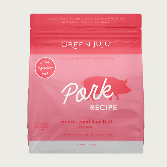 Green Juju Pork Recipe Freeze-Dried Raw Dog Food in 14 ounce bag.