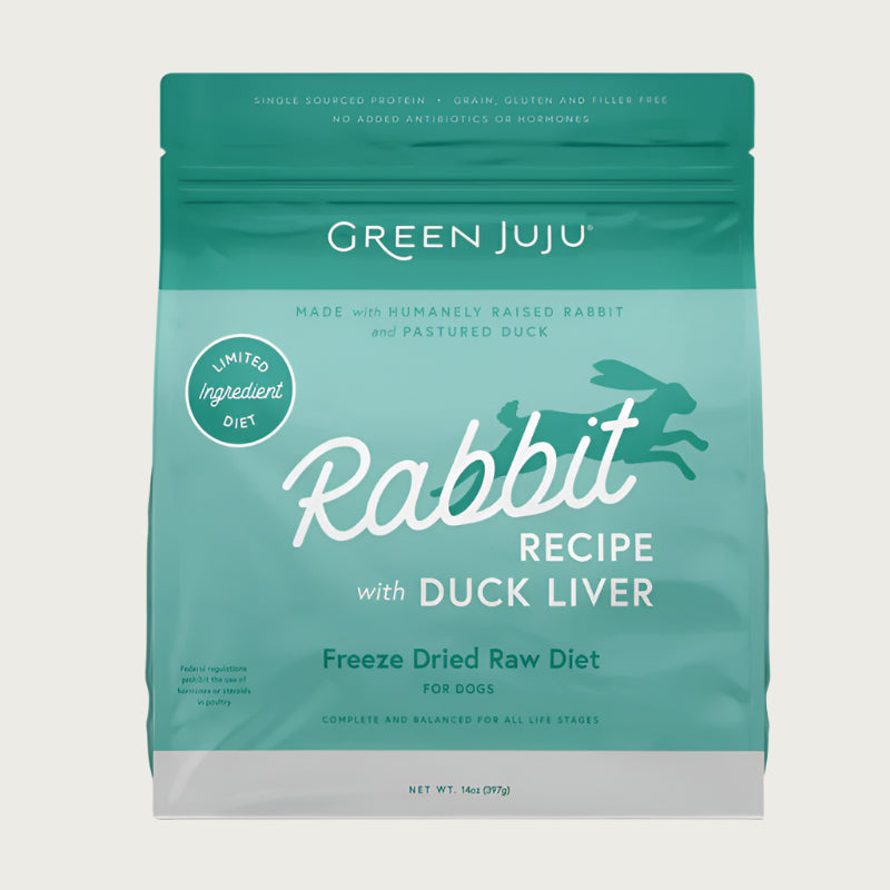 Green Juju Rabbit Recipe with Duck Liver Freeze-Dried Raw Dog Food in 14 ounce bag.