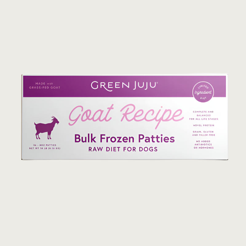 Green Juju goat recipe bulk raw frozen dog food patties in a 12 pound box.