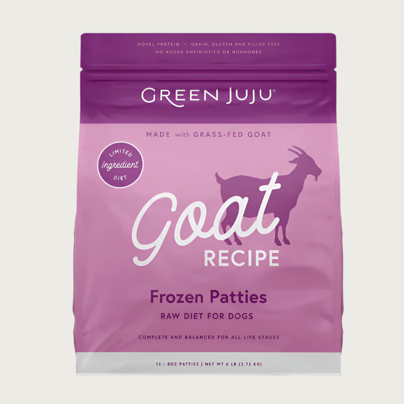 Green Juju goat recipe raw frozen dog food patties in a 6 pound bag.
