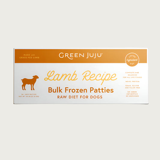 Green Juju lamb recipe bulk raw frozen dog food patties in a 12 pound box.