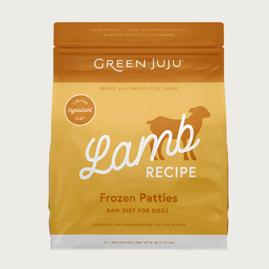 Green Juju lamb recipe raw frozen dog food patties in a 6 pound bag.