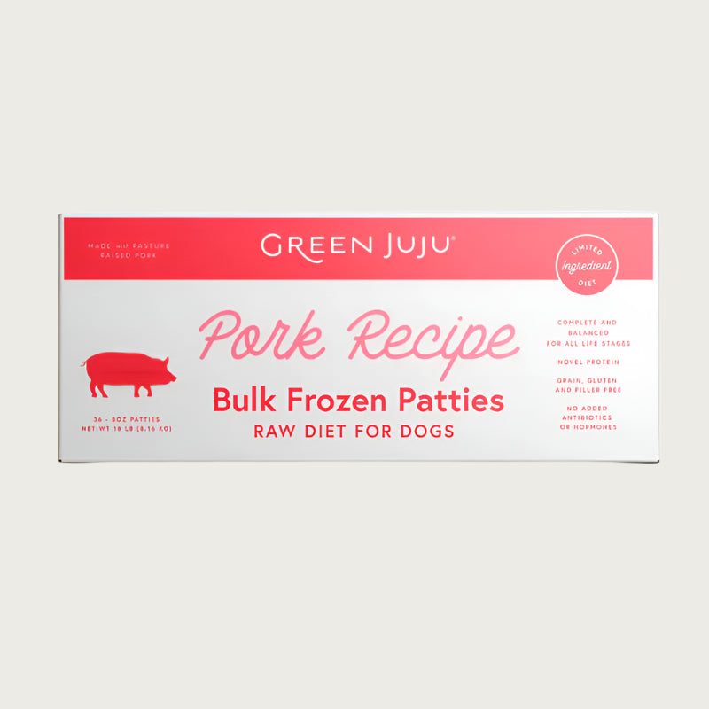 Green Juju pork recipe bulk raw frozen dog food patties in an 18 pound box.