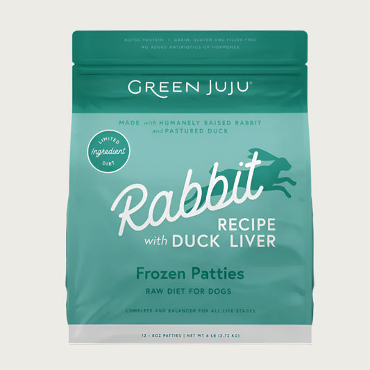 Green Juju rabbit recipe with duck liver raw frozen dog food patties in a 6 pound bag.