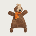 Load image into Gallery viewer, Large size of the Nutmeg Squirrel plush dog toy. Its flat body is made from brown wide wale corduroy, with beige accent on its face (with embroidered eyes & nose), and knots on its knees. It has a fuzzy orange scarf around its neck.