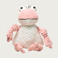 Load image into Gallery viewer, Plush dog toy frog with blush pink corduroy arms, legs & face, and white plush body accented with tiny silver hearts. It has bulging frog eyes and is wearing a small silver fabric crown. Size large.