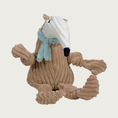 Load image into Gallery viewer, Corduroy dog toy shaped like an anteater. Its body and arms are tan colored, while its face/snout is white. It has black embroidered eyes with eyelashes, and it's also wearing a seafoam green scarf. Size Large.
